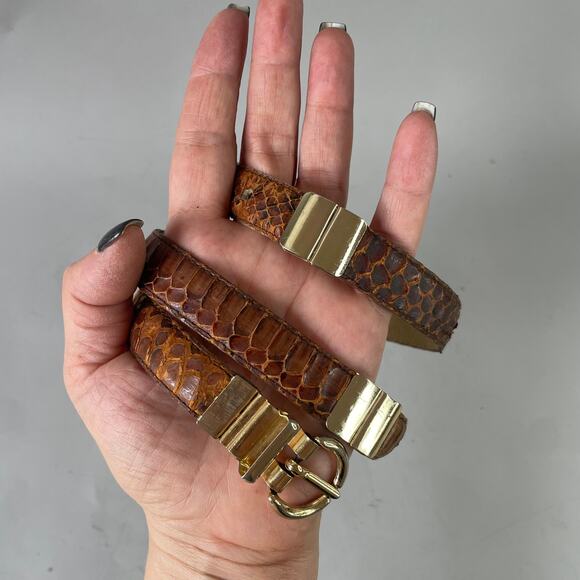 Lot of 3 80s VTG Belts Brass Gold Hardware Snakeskin Leather High Waist Skinny